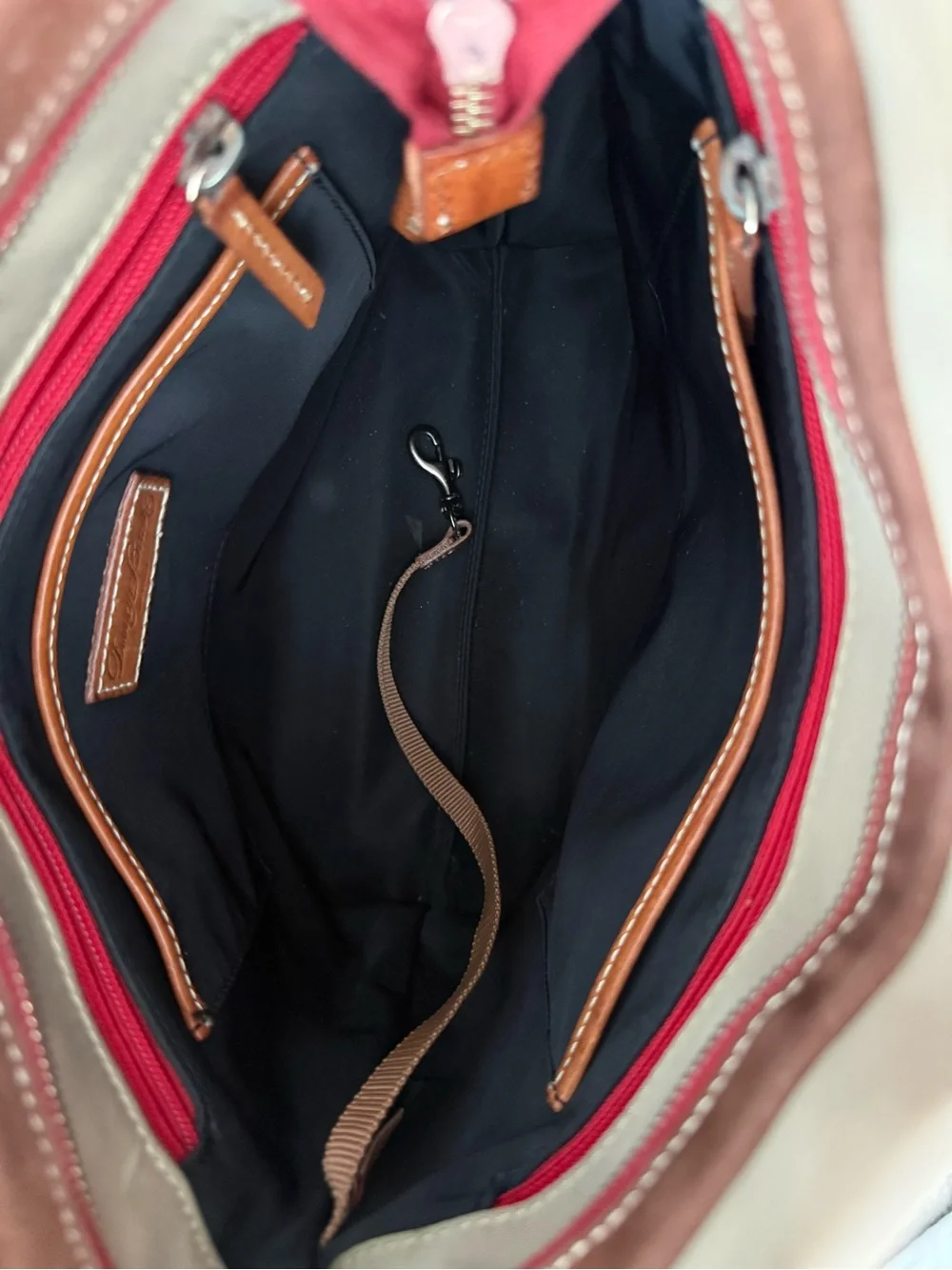 Dooney & Bourke Taupe and Brown Interior Tote with Red Zip Accents